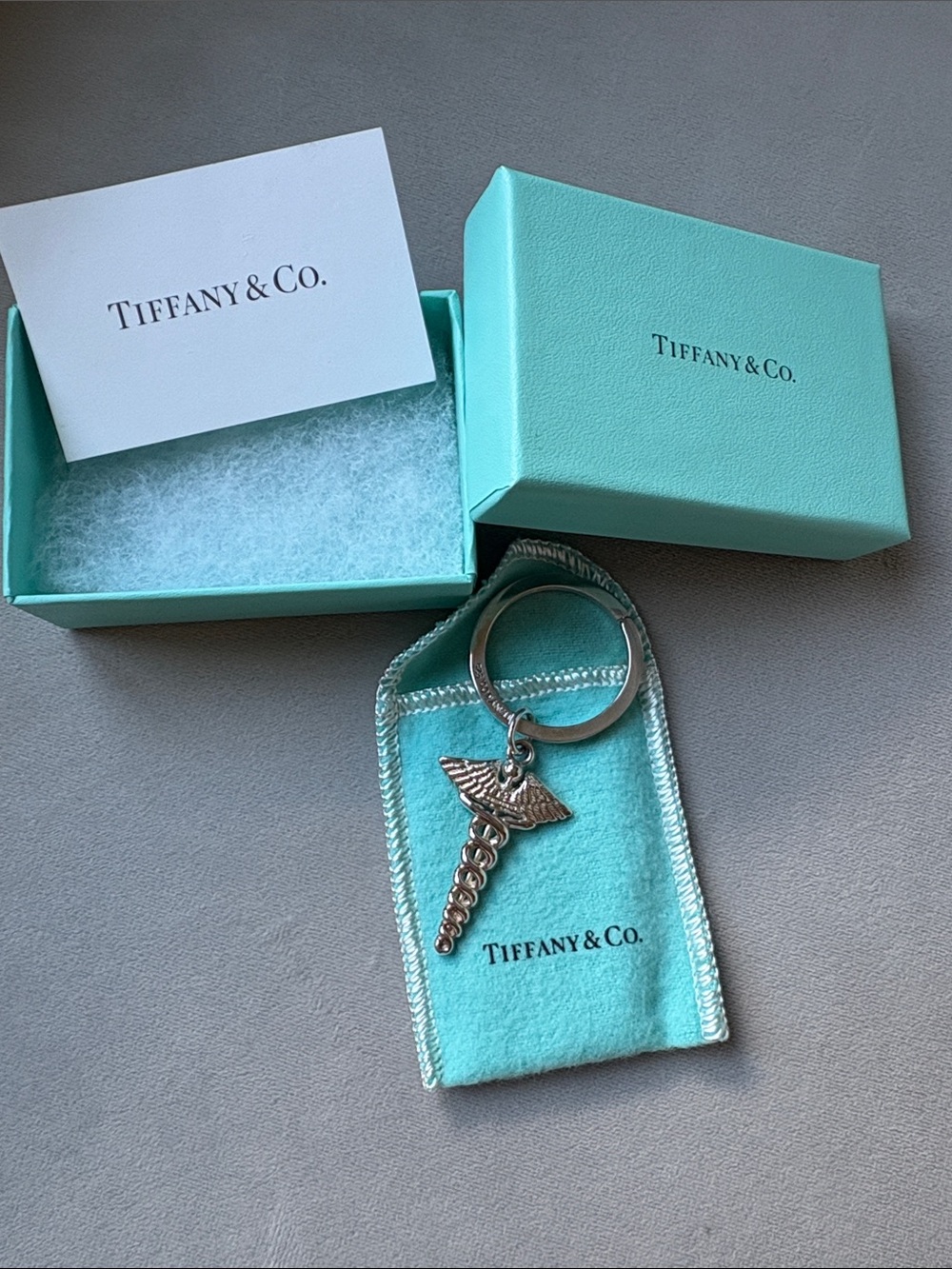 Tiffany & Co. Silver Caduceus Keyring with Tiffany Blue Pouch and Box